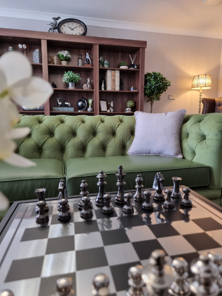 green luxury sofa with chess board